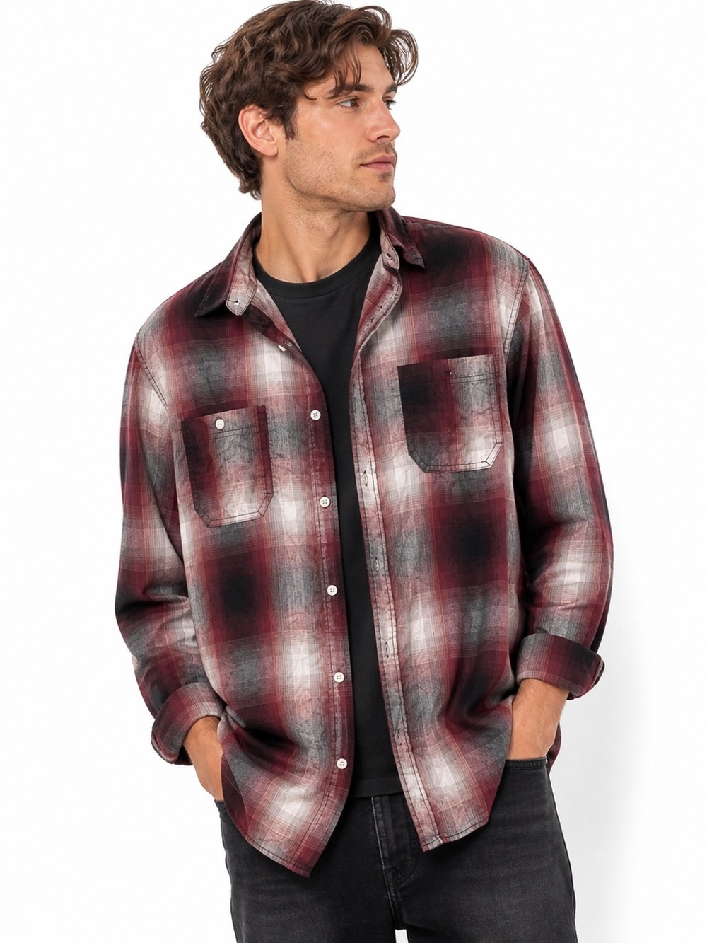 Urban Pipeline Plaid Button Up Shirt Men’s XXL Burgundy Black Easy Care